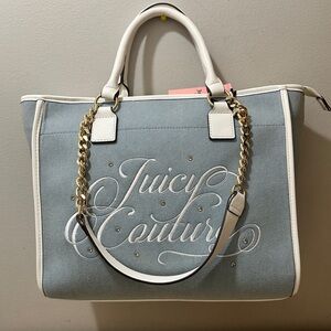 BNWT Juicy Couture Beach Tote Denim Diamond Embroidered Gold Accents Velour